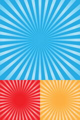 Sunburst retro radial pattern set, three different variants of colors, ray background vintage, retro round lines, vector