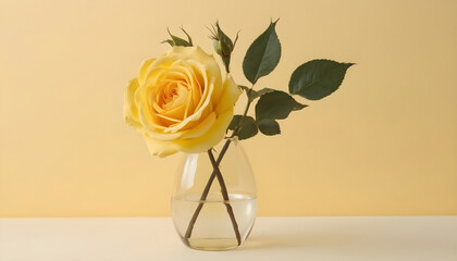 Yellow rose in a vase on a white table and yellow background. Generative AI