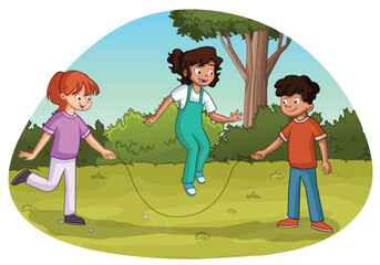 Cartoon children jumping rope in the park.
- 741699916