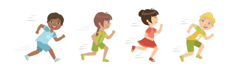 Kids Running Marathon Participate in Sport Competition Vector Set
