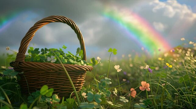 a basket of shamrock clover video in the flower garden st patrick day greeting video for farmer comunity with cloudy sky and rainbow