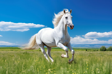 Obraz na płótnie Canvas White Horse Galloping in Vibrant Meadow