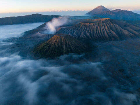 Aerial view of Tengger Caldera and Mt Bromo at sunrise, Bromo Tengger Semeru National Park, East Java, Indonesia