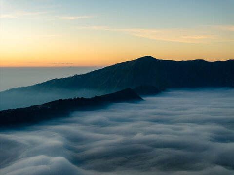 Aerial view of Mt Bromo at sunrise, Bromo Tengger Semeru National Park, East Java, Indonesia