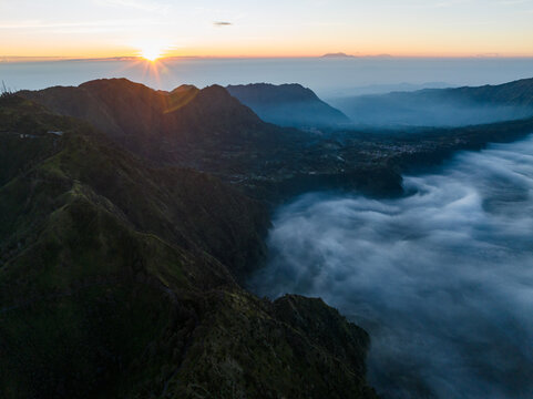 Aerial view of Bromo national park at sunrise, East Java, Indonesia
