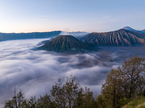 Aerial view of Tengger Caldera and Mt Bromo at sunrise, Bromo Tengger Semeru National Park, East Java, Indonesia