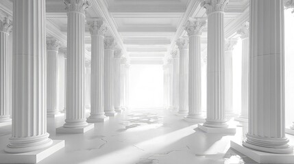 Elegant Grandeur: Greek Temple Pillars Showcased Against All-White Backdrop.