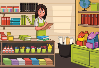 Cartoon woman working in stationery. Clerk with clipboard.- 741700557