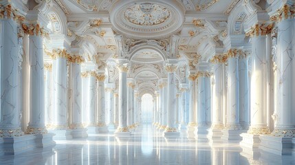 Luxurious Marble Hall with Abundant Pillars, White with Gold Accents