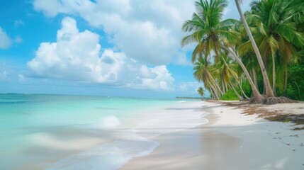 Fototapeta na wymiar Tropical beach by the sea with palm trees and blue sky