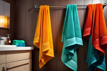 Different towels hanging in the bathroom.