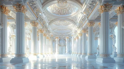 Deurstickers Luxurious Marble Hall with Abundant Pillars, White with Gold Accents © pengedarseni