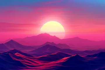 Tuinposter Roze Epic sunset landscape sky with big bright sun going behind the mountains in egypt