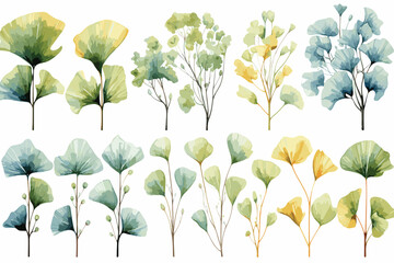 set of different trees painted by watercolor, vector illustration - obrazy, fototapety, plakaty