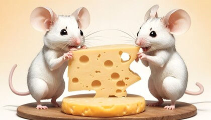 Two rodents, with their noses twitching and ears perked, are sharing a piece of cheese on a tableware. One rodent is gesturing towards the cheese, while the other is fawning over it