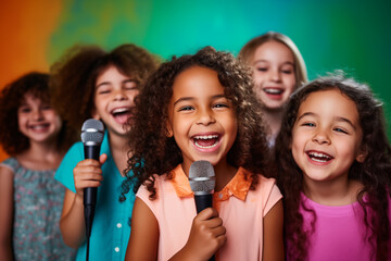 Group of girls standing singing with microphones against a colorful wall on vocal lesson.