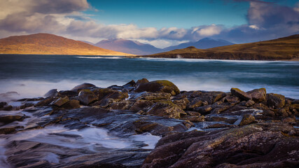 Isle of Harris coastline with the sea and mountains