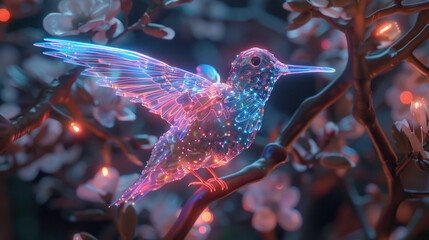 Obraz premium A stunning digital representation of a hummingbird illuminated with neon lighting effects