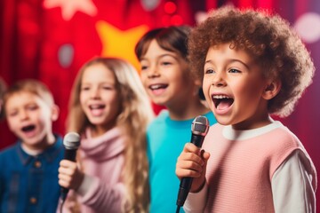 A group of children standing and singing with a microphone at the children performance or vocal lessons.