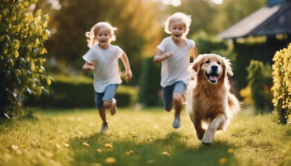 children are chasing the Happy golden retriever running in the garden of the house
