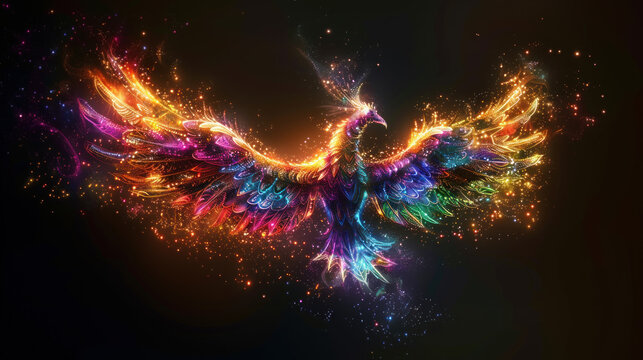 Magical fairy-tale rainbow shining phoenix bird in flight