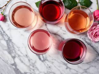 Various shades of rose wine. Flat-lay of rose wine in different colors in glasses and spring blossom flowers over marble background, top view. Wine shop, bar, tasting, seasonal wine list concept