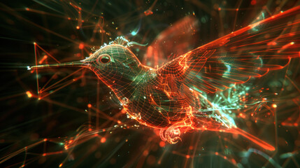 Obraz premium Magic glowing glittering multi-colored hummingbird in flight