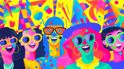 group of people wearing colorful funny hats and oversized glasses