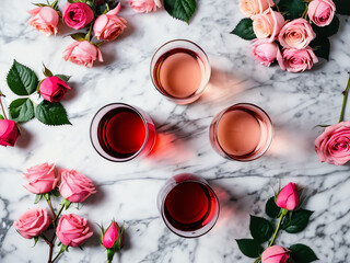 Various shades of rose wine. Flat-lay of rose wine in different colors in glasses and spring blossom flowers over marble background, top view. Wine shop, bar, tasting, seasonal wine list concept