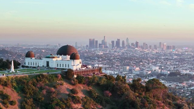 Aerial drone Los Angeles. Griffith Observatory at sunset. Los Angeles landscape. California landmark, travel destination in America.