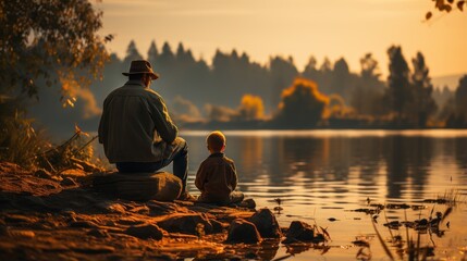 Portrait of a handsome young man with baby sitting beside river at sunset