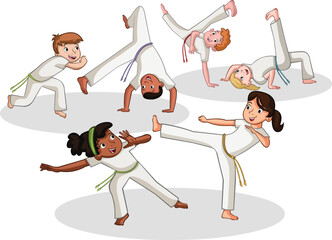 Cartoon kids practicing capoeira movements. Capoeira dancers.

