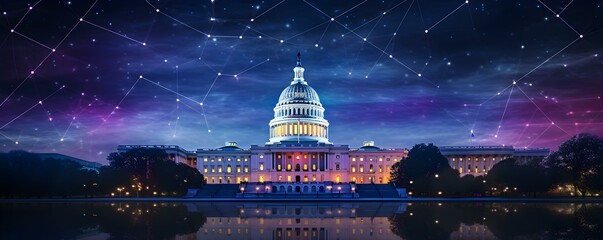 Nighttime view of illuminated Capitol dome in Washington DC with social media hologram. Concept Washington DC, Capitol dome, Nighttime view, Illuminated, Social media hologram - obrazy, fototapety, plakaty