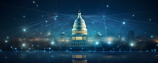 Illuminated Capitol dome in Washington DC with social media hologram: A captivating nighttime view. Concept Washington DC, Capitol Dome, Social Media, Nighttime, Hologram