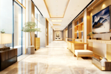 Blurred background modern glass office hallway, lounge, reception room, customer waiting room, minimalist, wood, meticulous lines, design/architecture study.