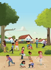 Green grass landscape with cute cartoon kids playing. Sports and recreation.
- 741702589