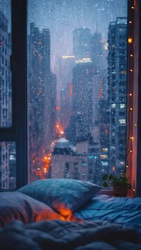 beautiful night view of the city, rain window, motion endless animation background for social media