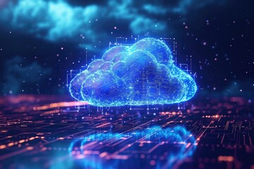 A blue cloud hovers above a computer chip, creating a striking juxtaposition of technology and nature, Illustration of a cloud floating in the digital realm, symbolizing cloud storage, AI Generated