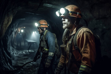 Fototapeta na wymiar Miners Working in a Dark Underground Mine