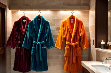Different bathrobes hanging in the bathroom.