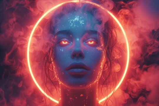 Light blue digital aura calming tech presence serene neon light