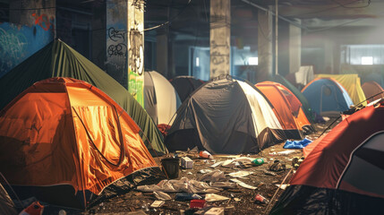 Tents of homeless persons under the overpass - obrazy, fototapety, plakaty
