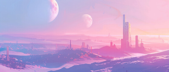 Pastel hued sci fi city on a distant planet Sun and moon hang low in the sky casting long shadows Minimalist design - obrazy, fototapety, plakaty