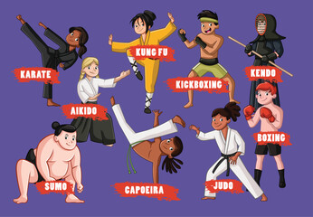 Cartoon kids doing Martial arts. Teenager fighters in fighting poses.
- 741703303