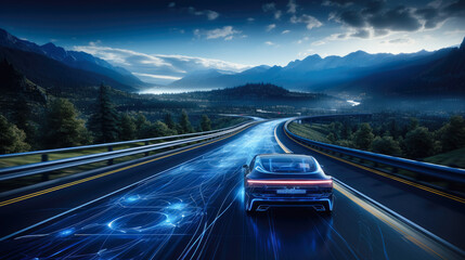 Adaptive cruise control in action: a serene highway scene highlighting smart vehicle speed regulation. - obrazy, fototapety, plakaty