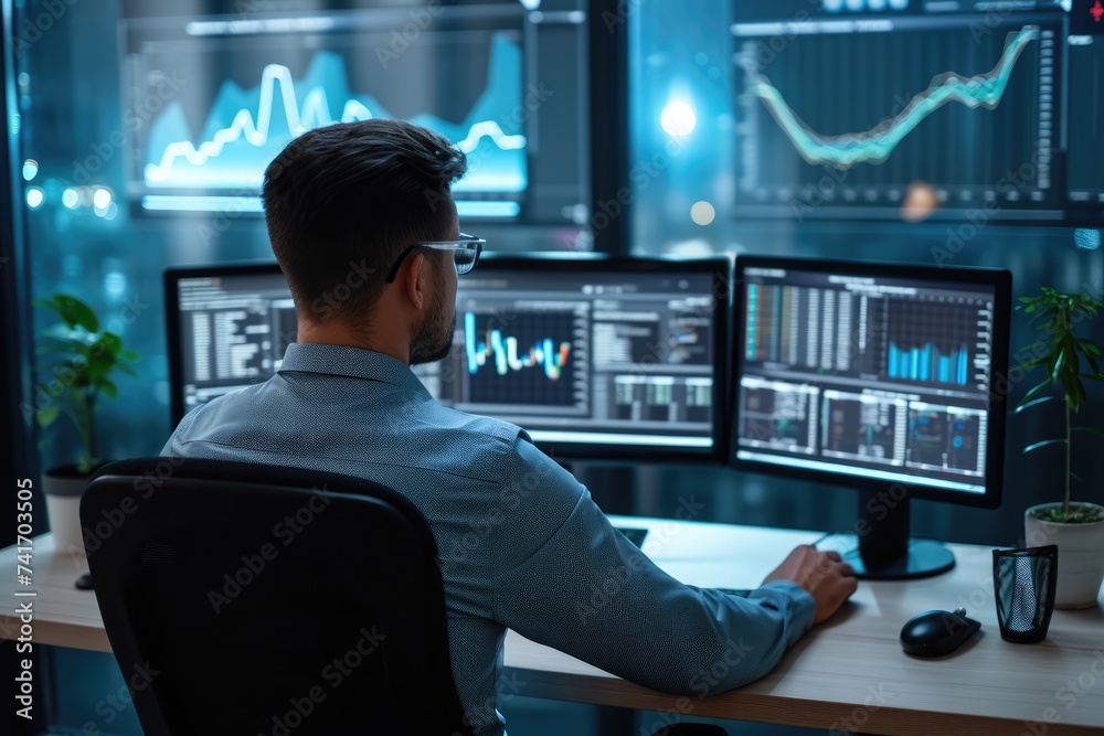 Poster a man sits at a desk and works in front of two computer monitors, image of a businessman analyzing d