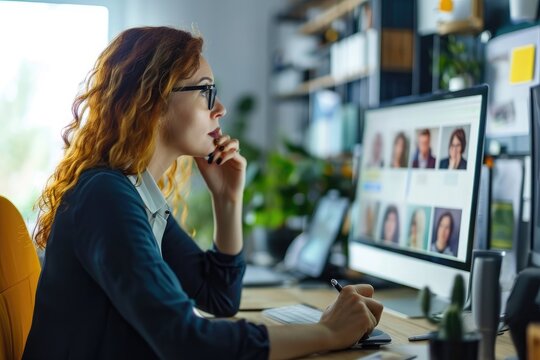 A professional woman attentively working at her desk with a computer, Image of a businesswoman conducting a virtual meeting from her home office, AI Generated