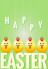 Cute easter greeting card with 3D chicks character on a green background. Vector illustration