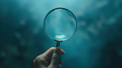 Investigative Intrigue: Hand with Magnifying Glass on Serene Blue Backdrop. - obrazy, fototapety, plakaty
