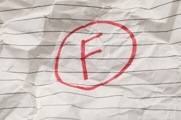 School grade. Red letter F on notebook paper, top view